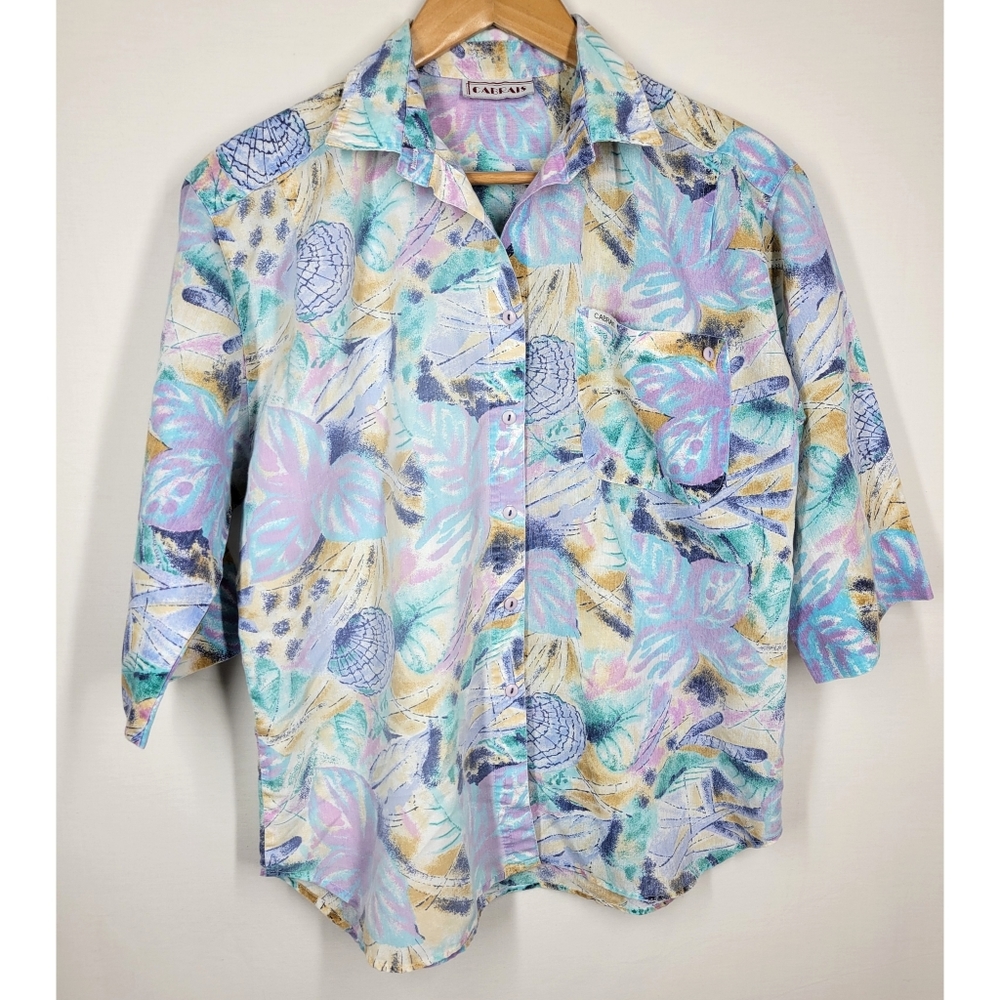 Vintage 80s 90s Cabrais Pastel Tropical Seashell Coastal Button Up M/L